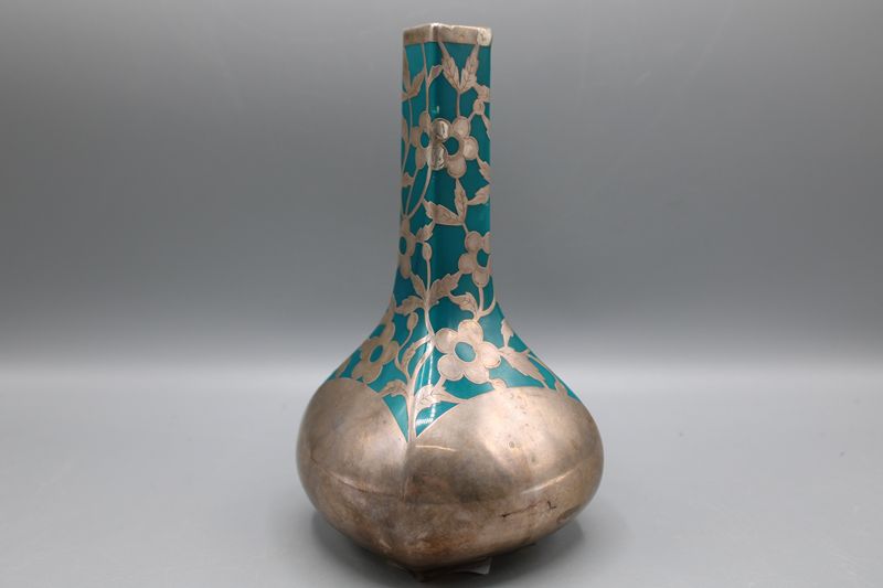 0236-Friedrich Wilhelm Spahr Art Deco Vase türkis mit Silver Overlay – Bild 2