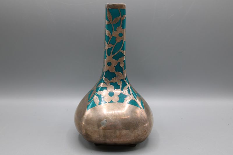0236-Friedrich Wilhelm Spahr Art Deco Vase türkis mit Silver Overlay
