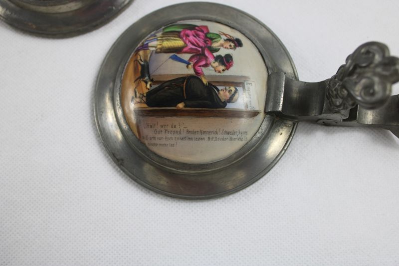 0372-Alte Zinndeckel mit Porzellanbild 3 St. um 1900 – Bild 2