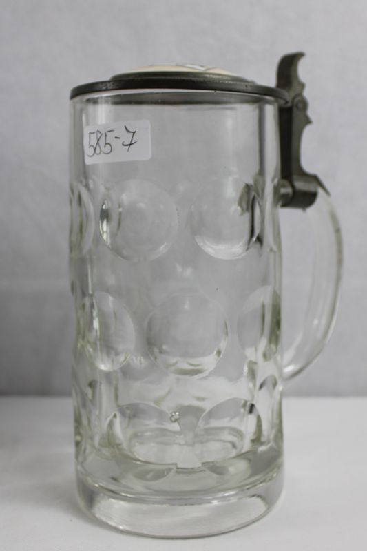 0373-Alter Glas Bierkrug 18/20 L mit Spielkarten Zinndeckel